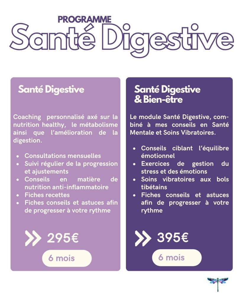 Santé digestive programme
conseils nutritionnels 
amélioration troubles digestifs
métabolisme, gestions du poids 
gestion des émotions 
fiches recettes - astuces nutritionnels